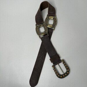 Steve Madden Brown Suede Leather Belt Brass Buckle Rhinestone Size M